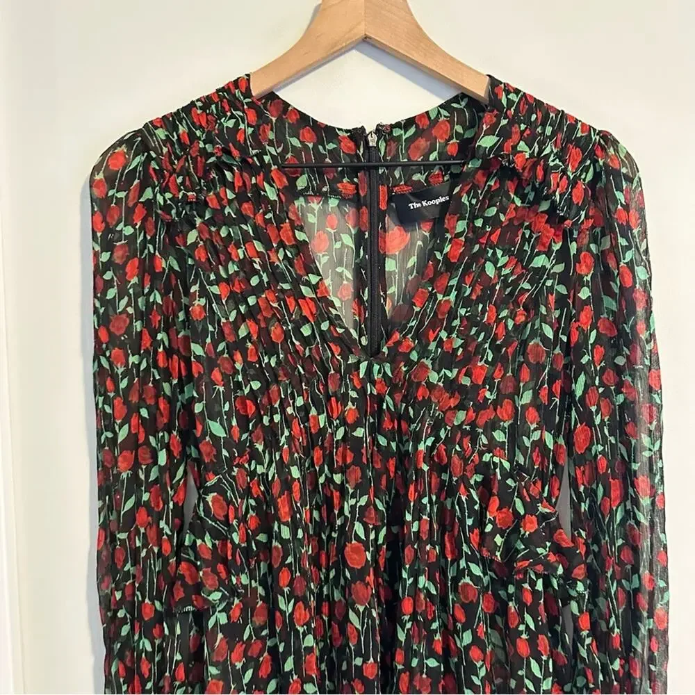 The Kooples Black Red Floral Silk Long Sleeve Mini Dress Small